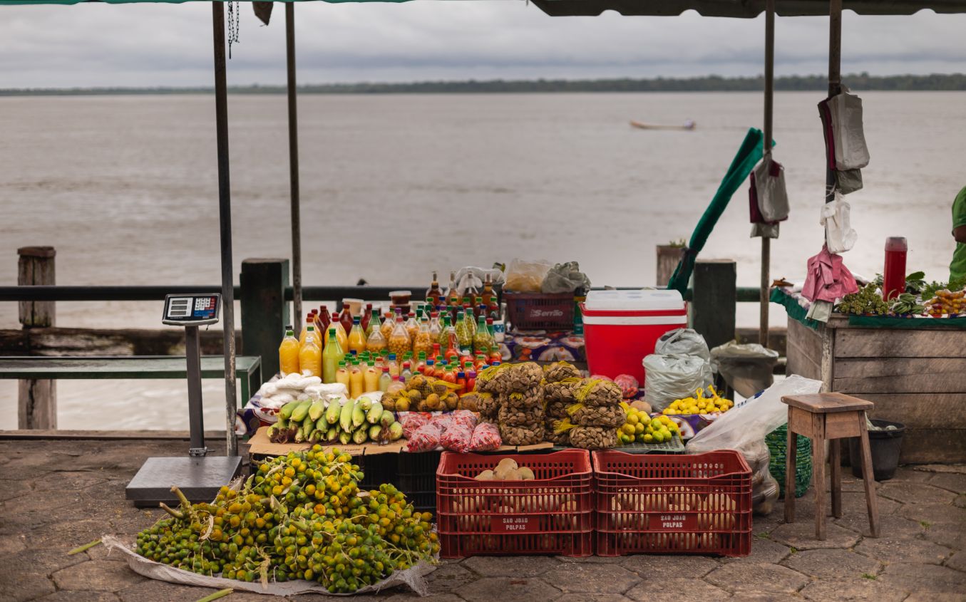 Diversas cestas cheias da fruta açaí
